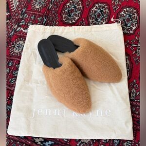 NEW Jenni Kayne Shearling Mule Slip On Flat Shoes Brown Black Leather Slides